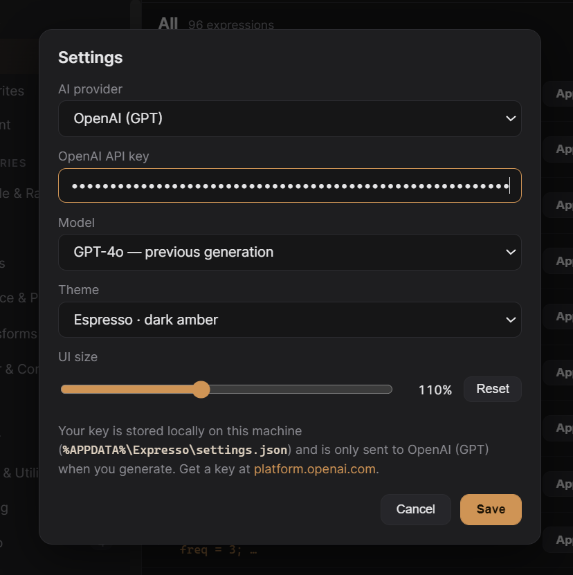 Expresso settings: AI provider and API key, model, theme, and UI size