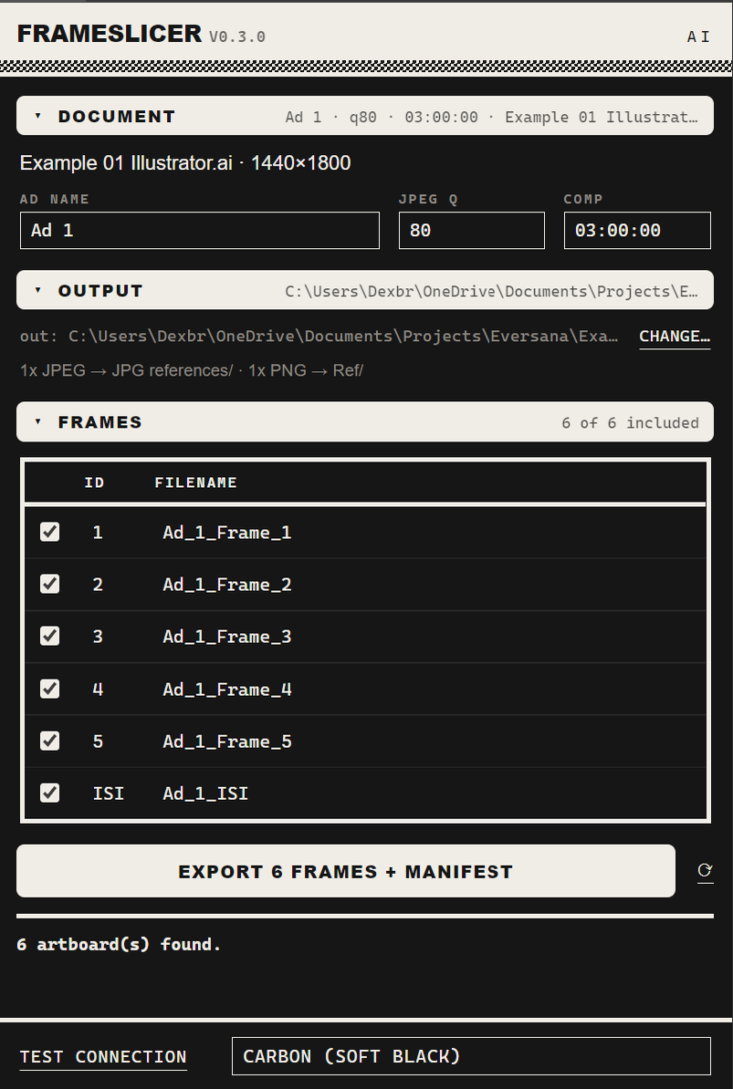 The FrameSlicer export panel in Illustrator